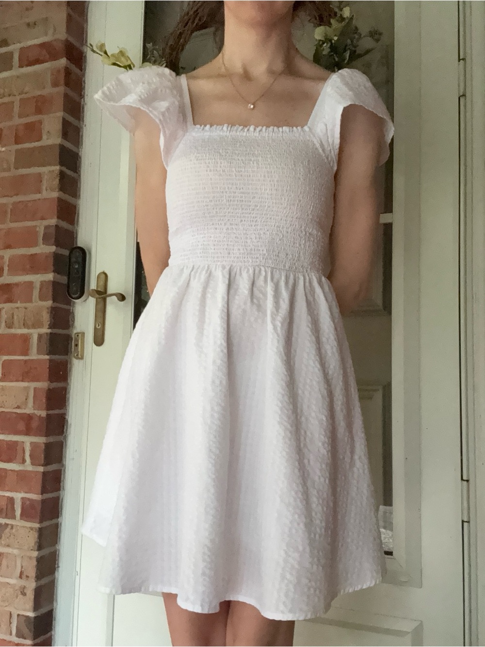 Smocked Square-Neck White Sundress